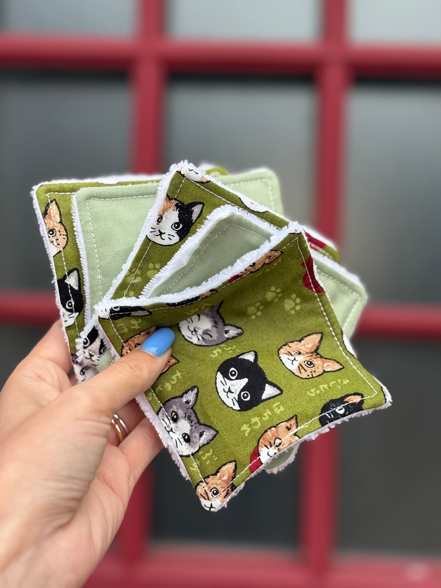 Neceser gatos verdes y 5 algodones reutilizables