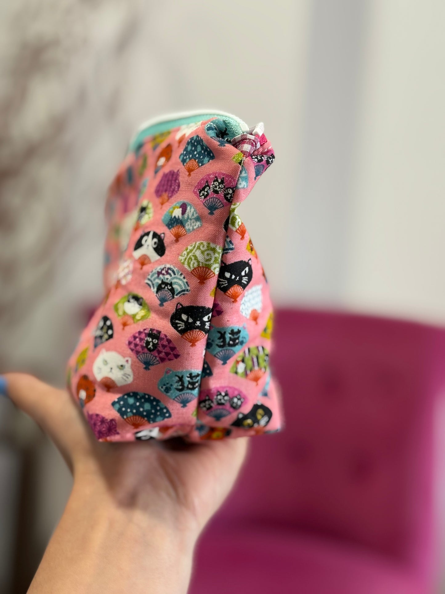 Neceser gatos abanicos y 5 algodones reutilizables